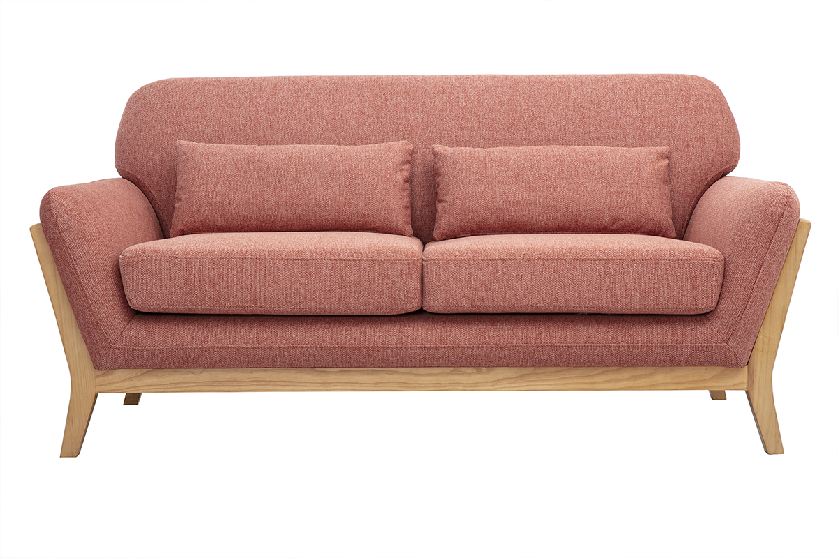 Sofá escandinavo de 2 plazas de tela con efecto terciopelo texturizado terracota y madera clara YOKO