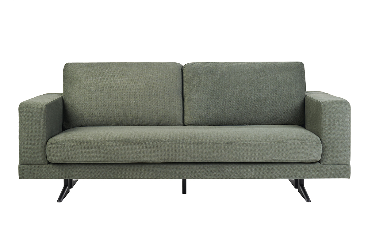 Canapé design 3 places en tissu chenille vert kaki et métal noir LENNON