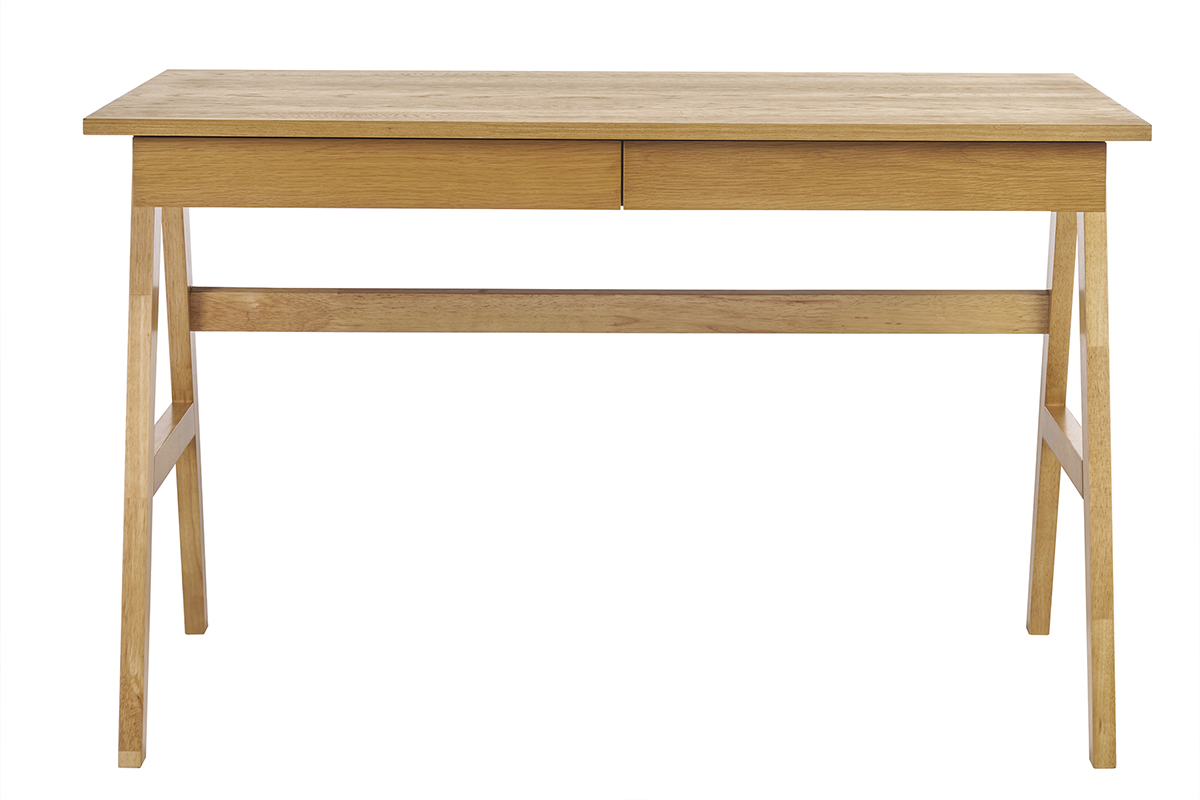 Bureau design avec rangements 2 tiroirs bois clair hévéa L120 cm BROOK