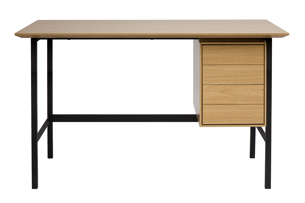 Bureau industriel finition bois chêne et métal noir avec rangements 2 tiroirs L120 cm MAXENCE