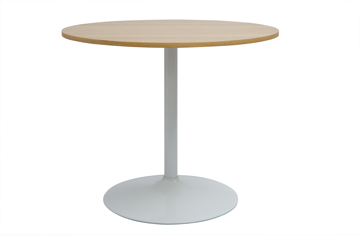 Table à manger design ronde en bois clair chêne et métal blanc D90 cm CALISTA