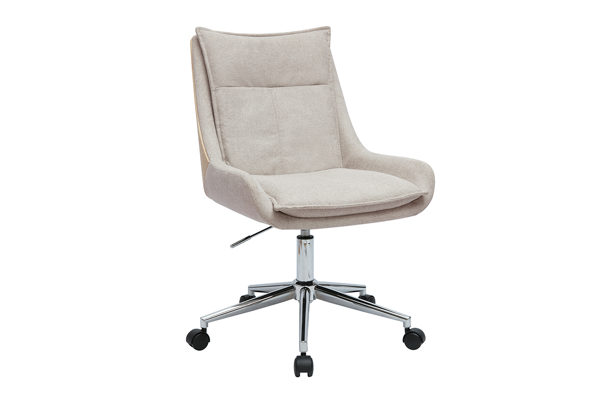Sedia da ufficio con ruote in tessuto effetto velluto beige e metallo cromato BLAISE