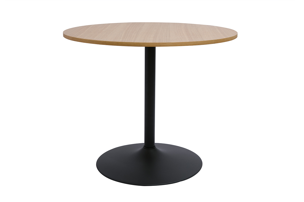 Table à manger design ronde en bois clair chêne et métal noir D90 cm CALISTA