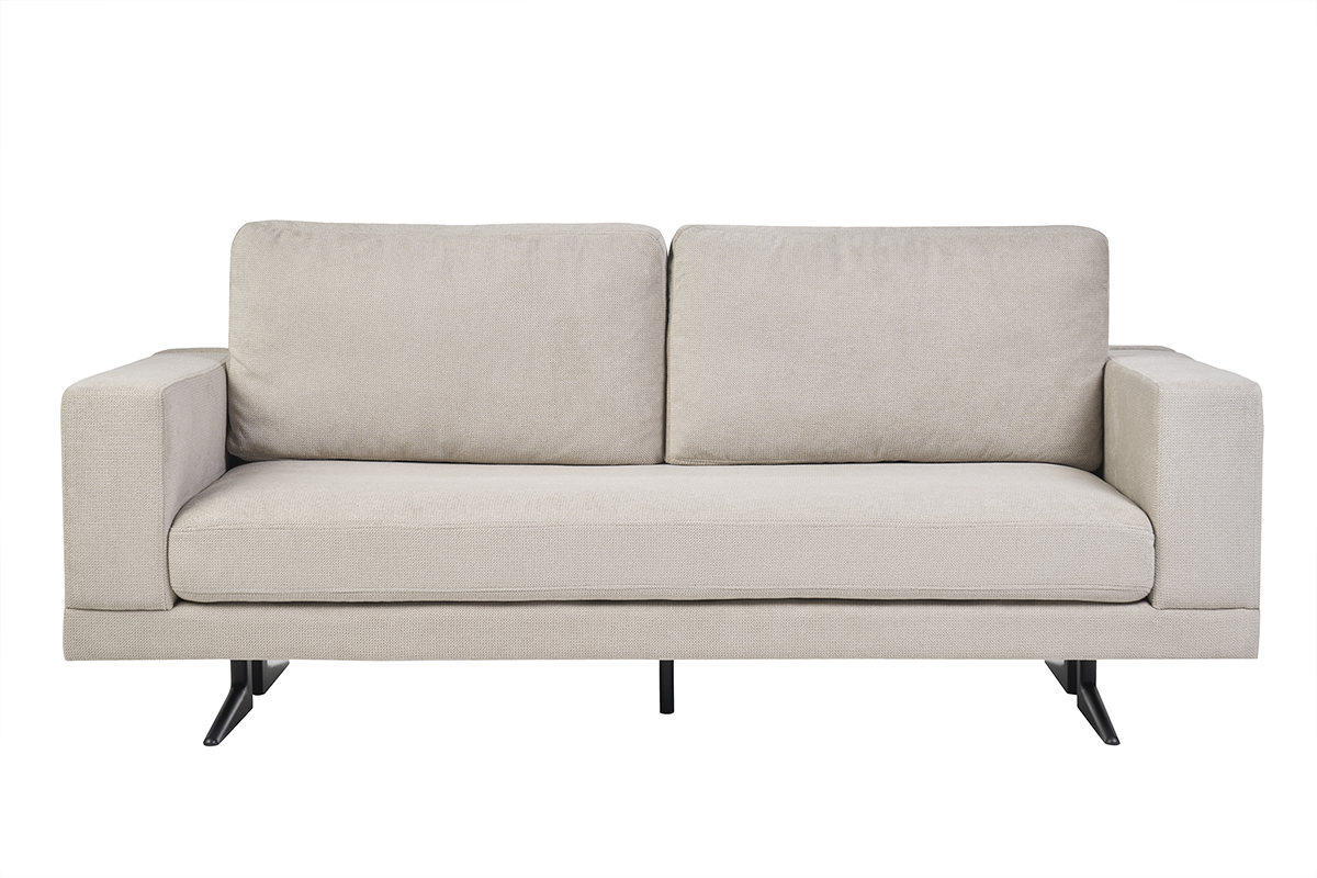Canapé design 3 places en tissu chenille beige et métal noir LENNON