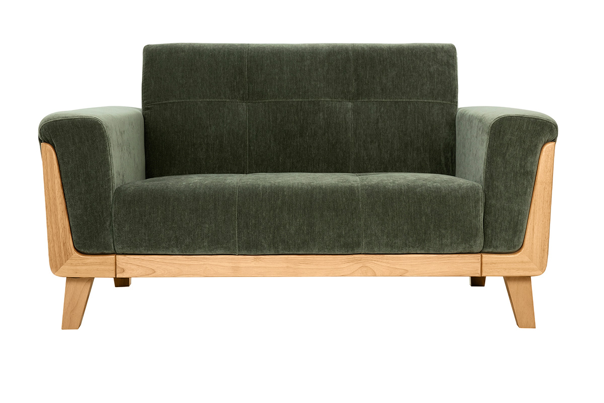 Canapé scandinave 2 places en tissu effet velours vert kaki et bois clair FJORD
