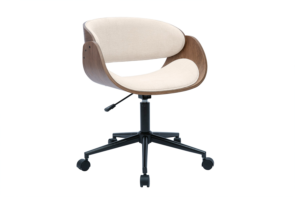 Chaise de bureau à roulettes design en bois foncé et tissu effet velours texturé beige BENT
