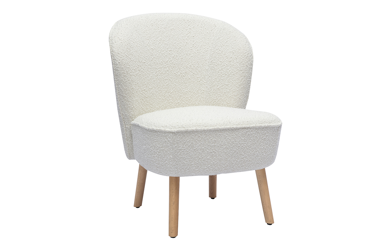 Fauteuil scandinave en tissu effet laine bouclée blanc et bois clair AMANITA