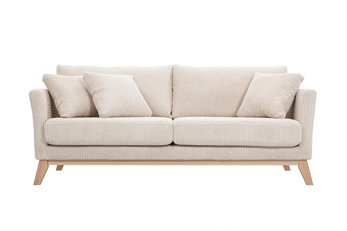 Canapé scandinave déhoussable 3 places en tissu velours côtelé beige et bois clair OSLO