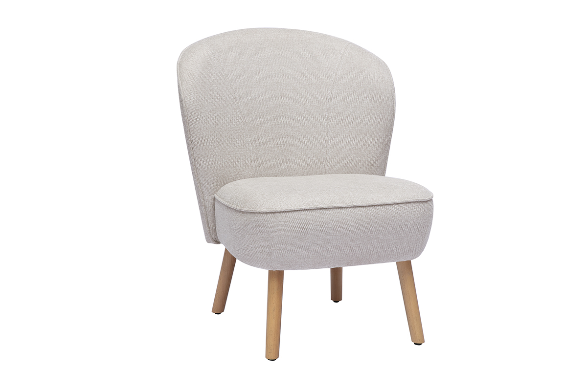 Fauteuil scandinave en tissu effet velours texturé beige et bois clair AMANITA