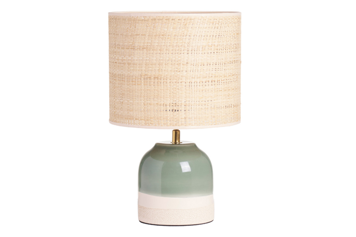 Lampe à poser verte en céramique et abat-jour en rabane H35 cm PIEGA