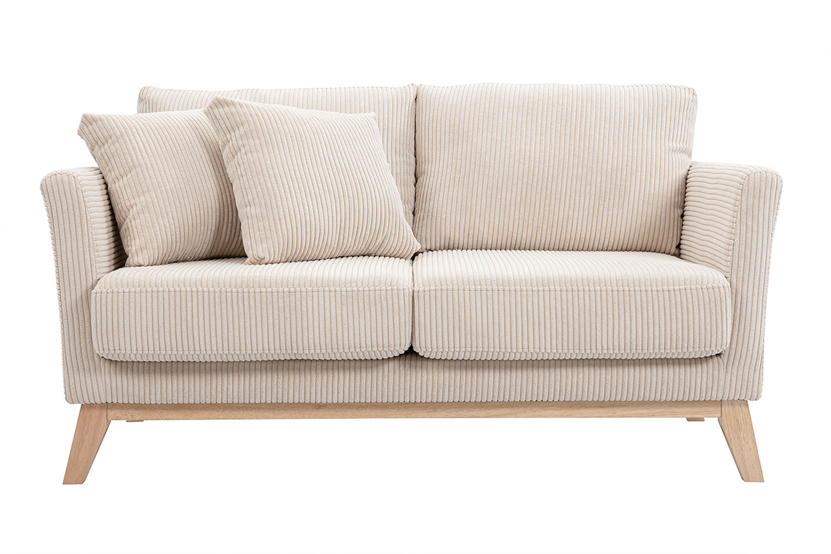 Canapé scandinave déhoussable 2 places en tissu velours côtelé beige et bois clair OSLO