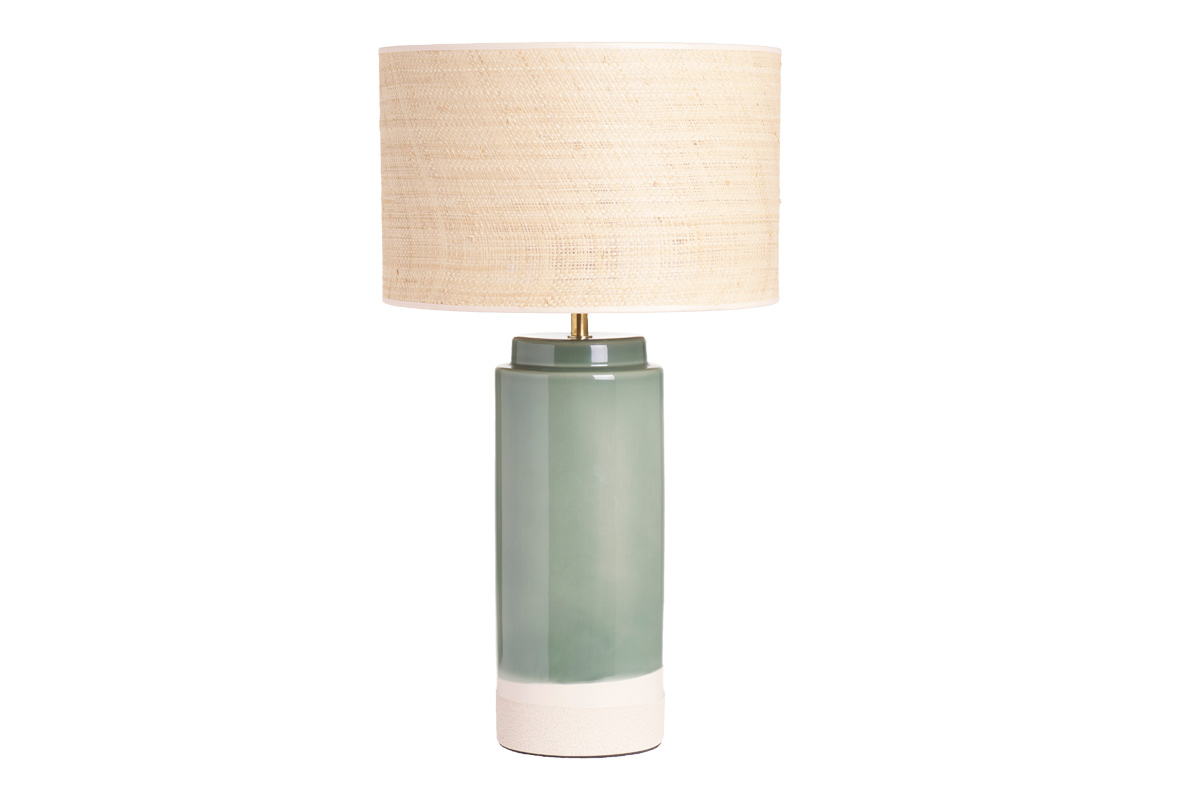 Lampe à poser verte en céramique et abat-jour en rabane H64 cm MAJES