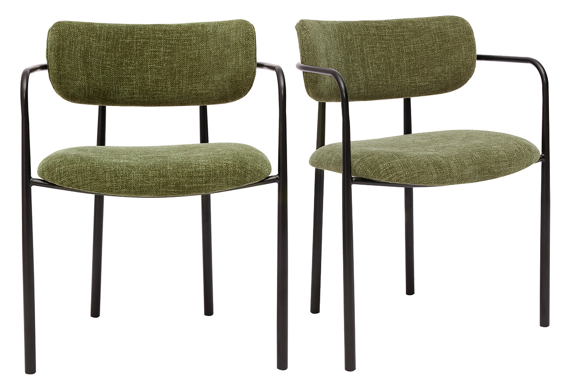 Chaises en tissu effet velours texturé vert kaki et métal noir (lot de 2) SWIFT