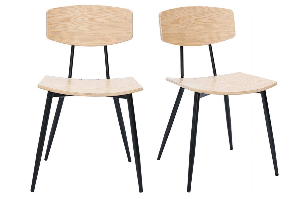 Sedie vintage in legno chiaro di rovere e metallo nero (lotto di 2) JOLINE