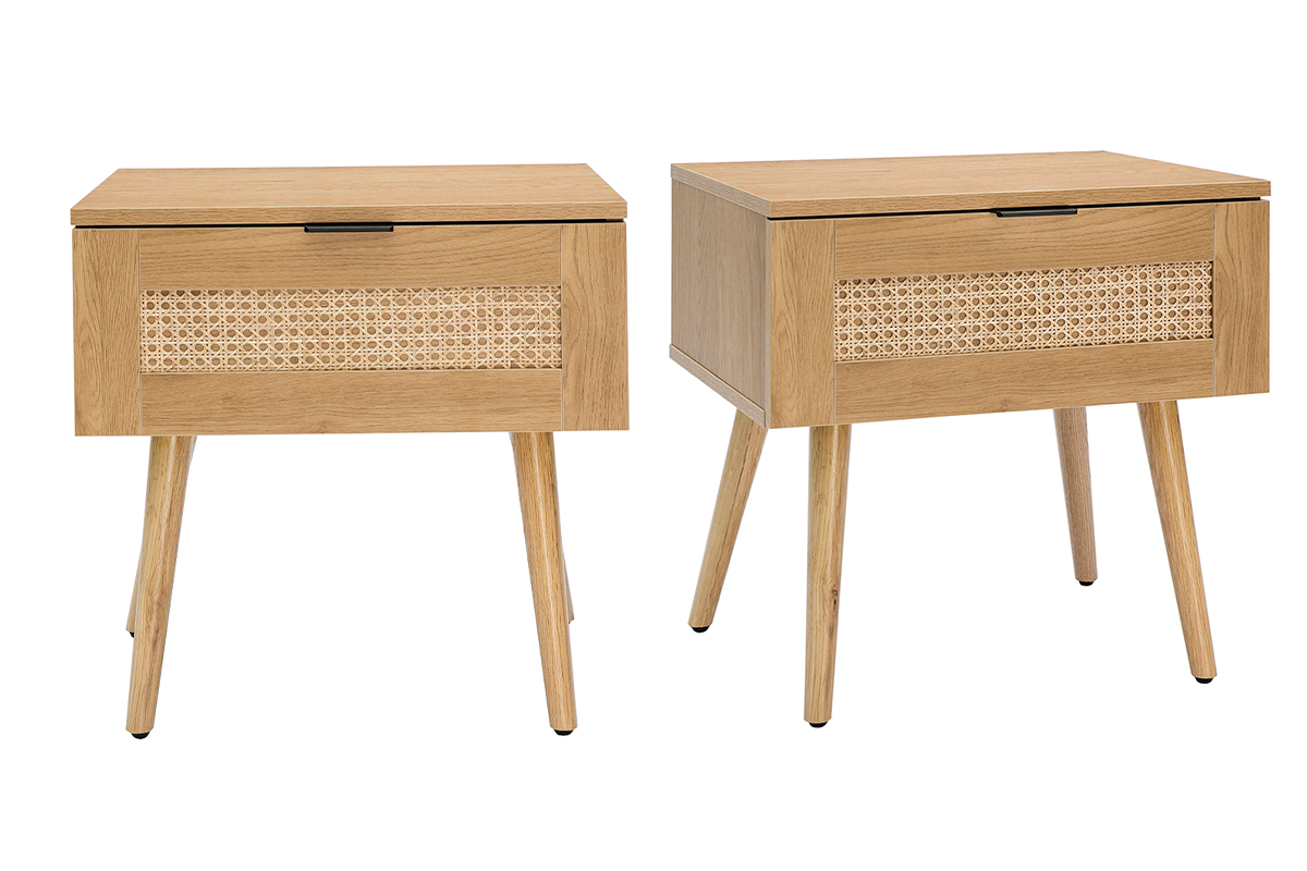 Tables de chevet finition bois clair, cannage rotin et métal noir (lot de 2) MANILLE