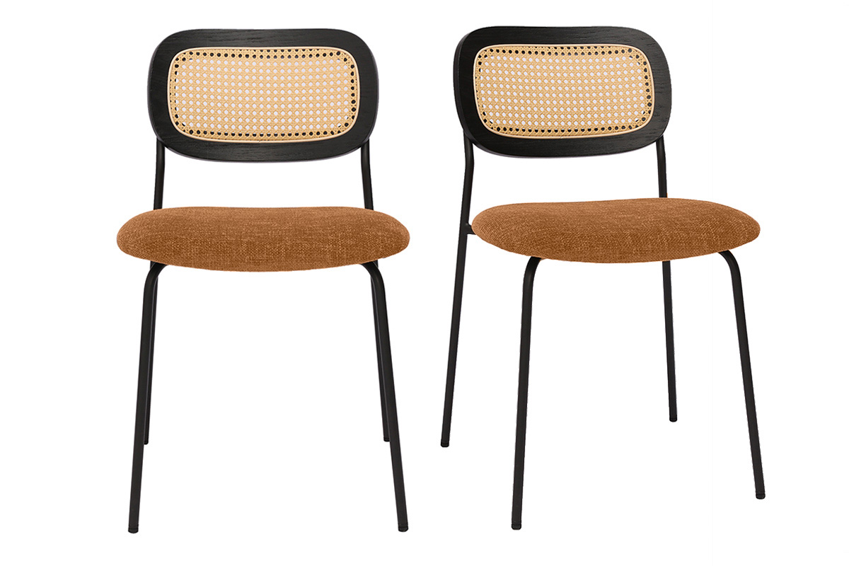 Chaises design en tissu effet velours texturé terre brulée, métal noir et cannage rotin (lot de 2) MIRANDA