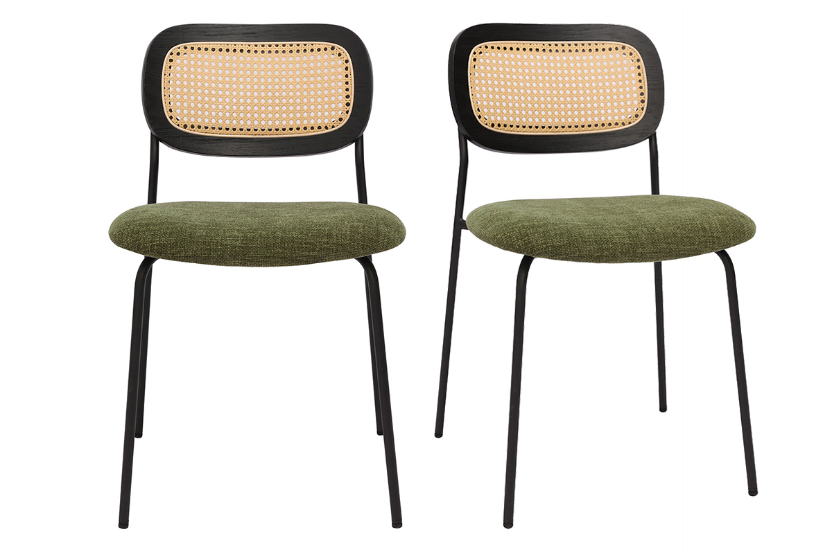 Chaises design en tissu effet velours texturé vert kaki, métal noir et cannage rotin (lot de 2) MIRANDA