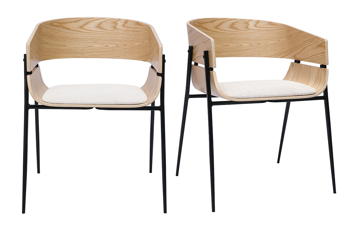 Sillas de diseño de madera clara y tela de chenilla beige (juego de 2) WESS