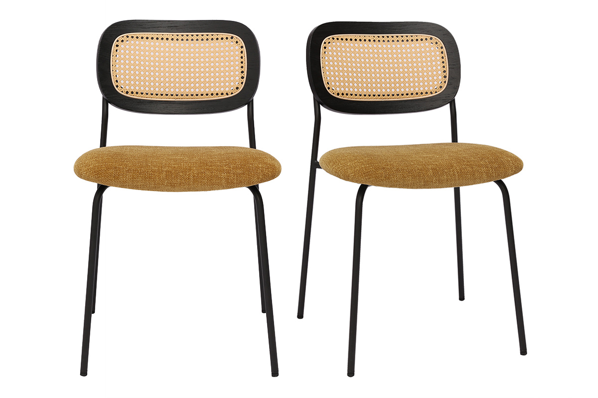 Sedie design in tessuto effetto velluto testurizzato color bronzo, metallo nero e intreccio in rattan (set di 2) MIRANDA