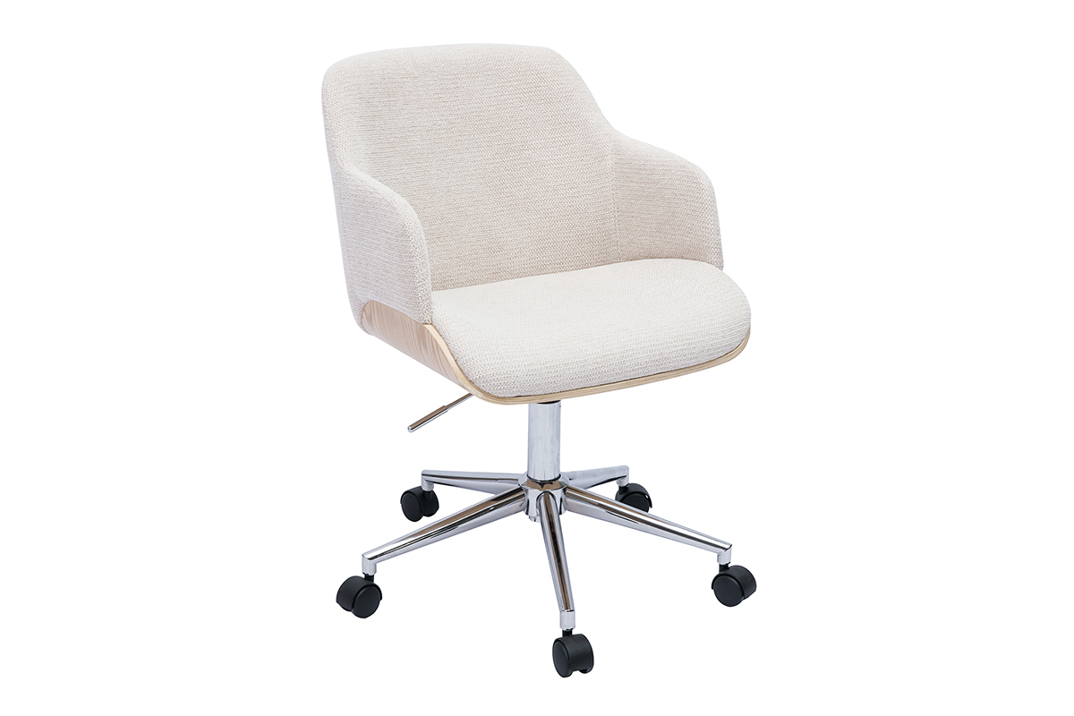 Chaise de bureau à roulettes en tissu chenille beige, bois clair et métal chromé EARL
