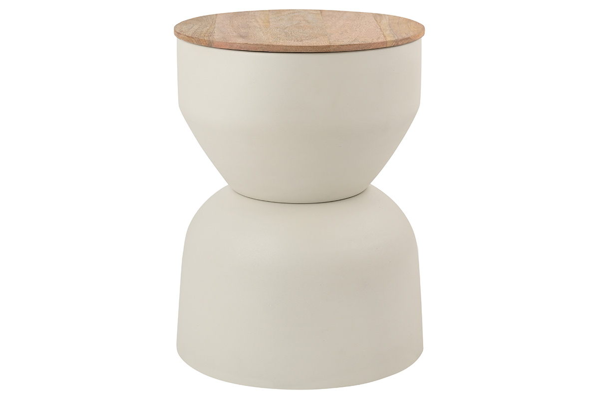 Table d'appoint ronde design avec rangement en métal grège et bois manguier massif D30 cm YOYO