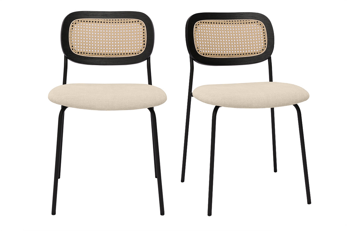Chaises design en tissu effet velours texturé beige, métal noir et cannage rotin (lot de 2) MIRANDA