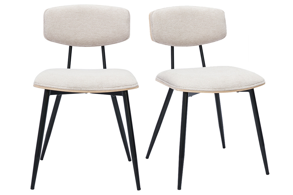 Chaises vintage en bois clair chêne assises tissu chenille beige et métal noir (lot de 2) JOLINE