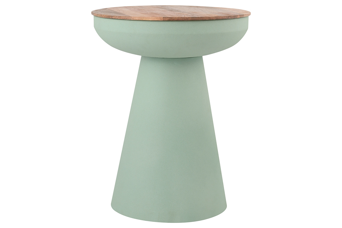 Table d'appoint ronde design avec rangement en métal vert céladon et bois manguier massif H52 cm TAM