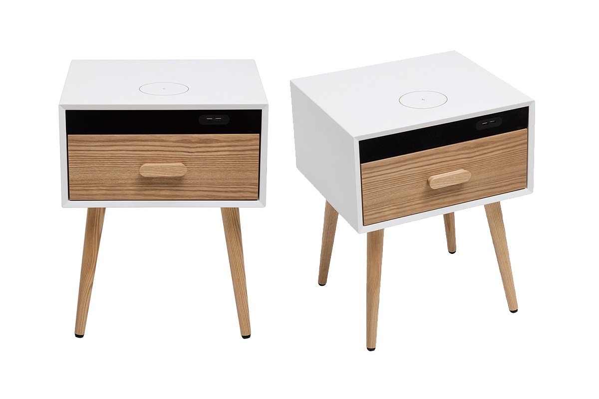 Tables de chevet connectées multimédia blanc mat et bois clair massif (lot de 2) PAVAN