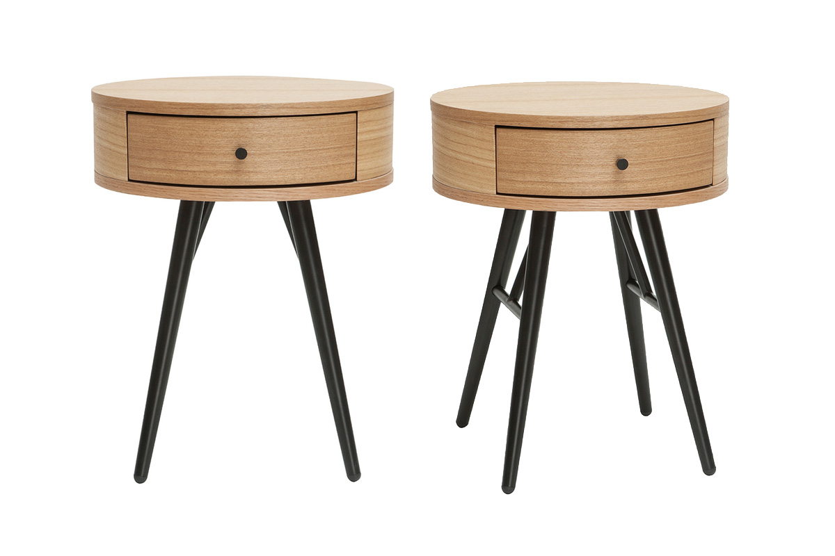 Tables de chevet rondes avec tiroir bois clair et métal noir (lot de 2) KORAL