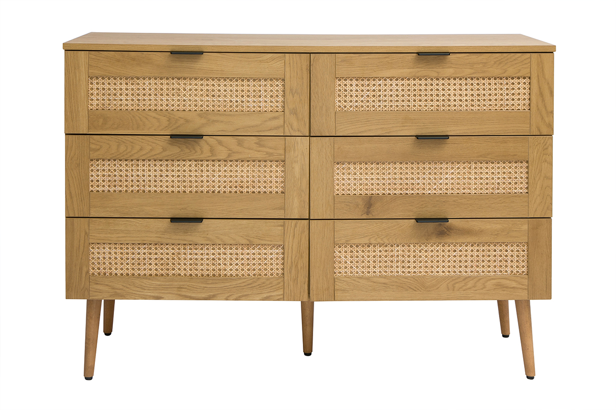 Commode finition bois clair, cannage en rotin et métal noir 6 tiroirs L120 cm MANILLE