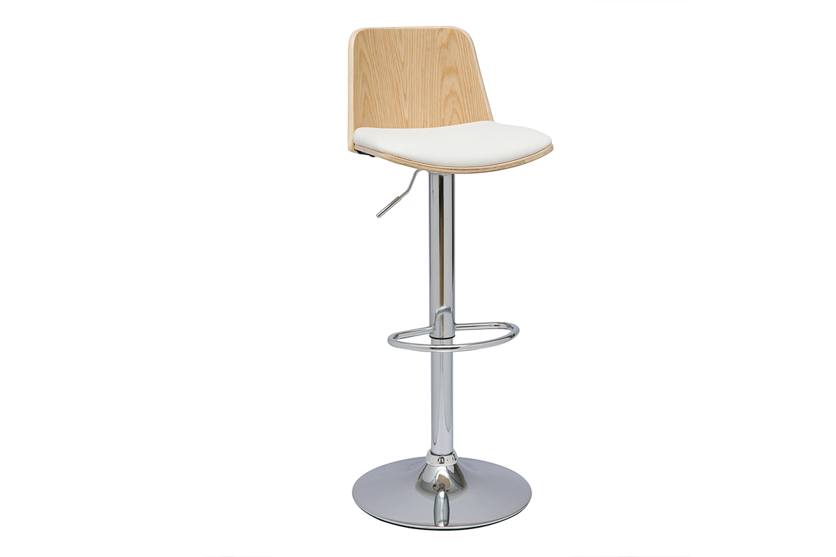 Tabouret de bar réglable blanc, bois clair et pied chromé DOA