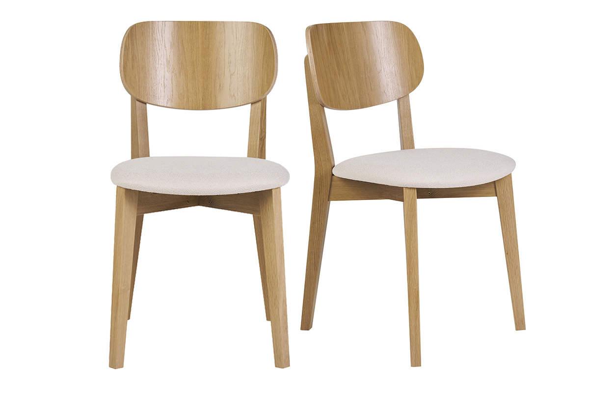 Chaises vintage en bois clair chêne et tissu effet laine bouclée blanc (lot de 2) LUCIA