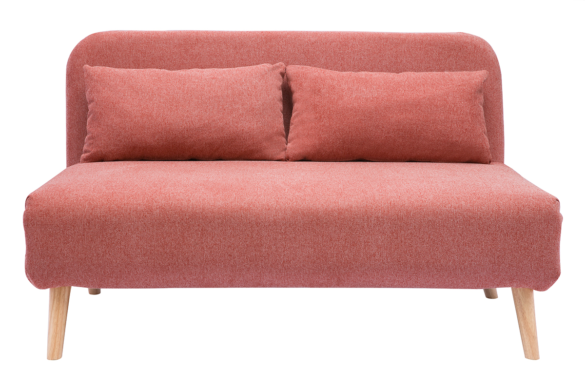 Chauffeuse 2 places convertible en tissu effet velours texturé terracotta et bois clair AMIKO