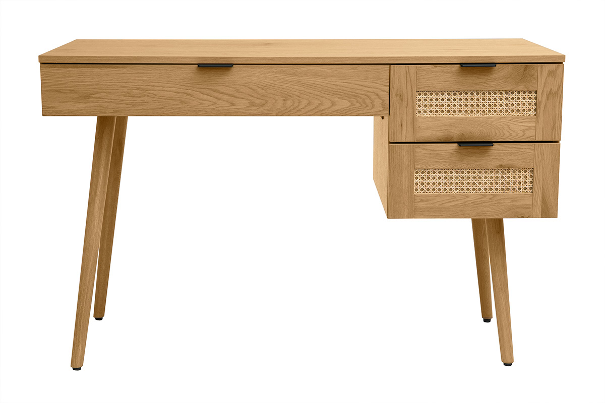 Bureau finition bois clair, cannage rotin et métal noir 3 tiroirs L120 cm MANILLE