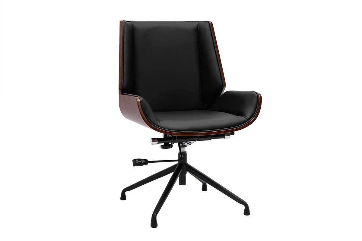 Sedia da ufficio design girevole a 360° nera, legno scuro noce e metallo nero CURVED