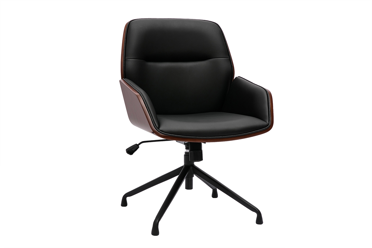 Sedia da ufficio girevole 360° nera design, legno scuro e metallo nero MARLOW