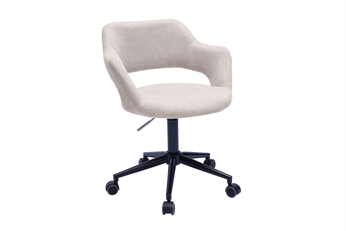Chaise de bureau à roulettes design en tissu effet velours texturé beige et métal noir JESSY