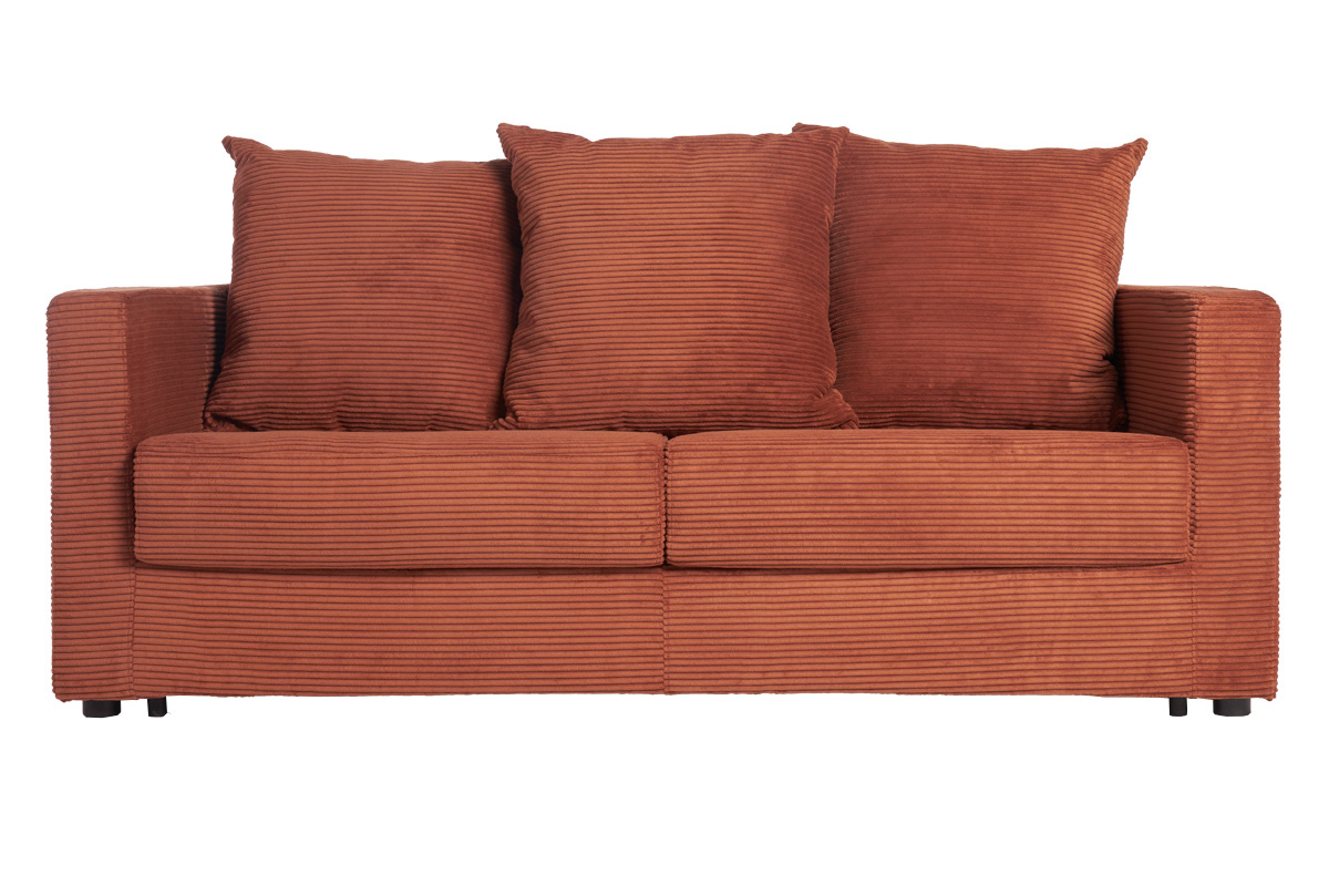 Divano letto 3 posti in tessuto velluto a coste color terracotta con materasso 13 cm BACIO