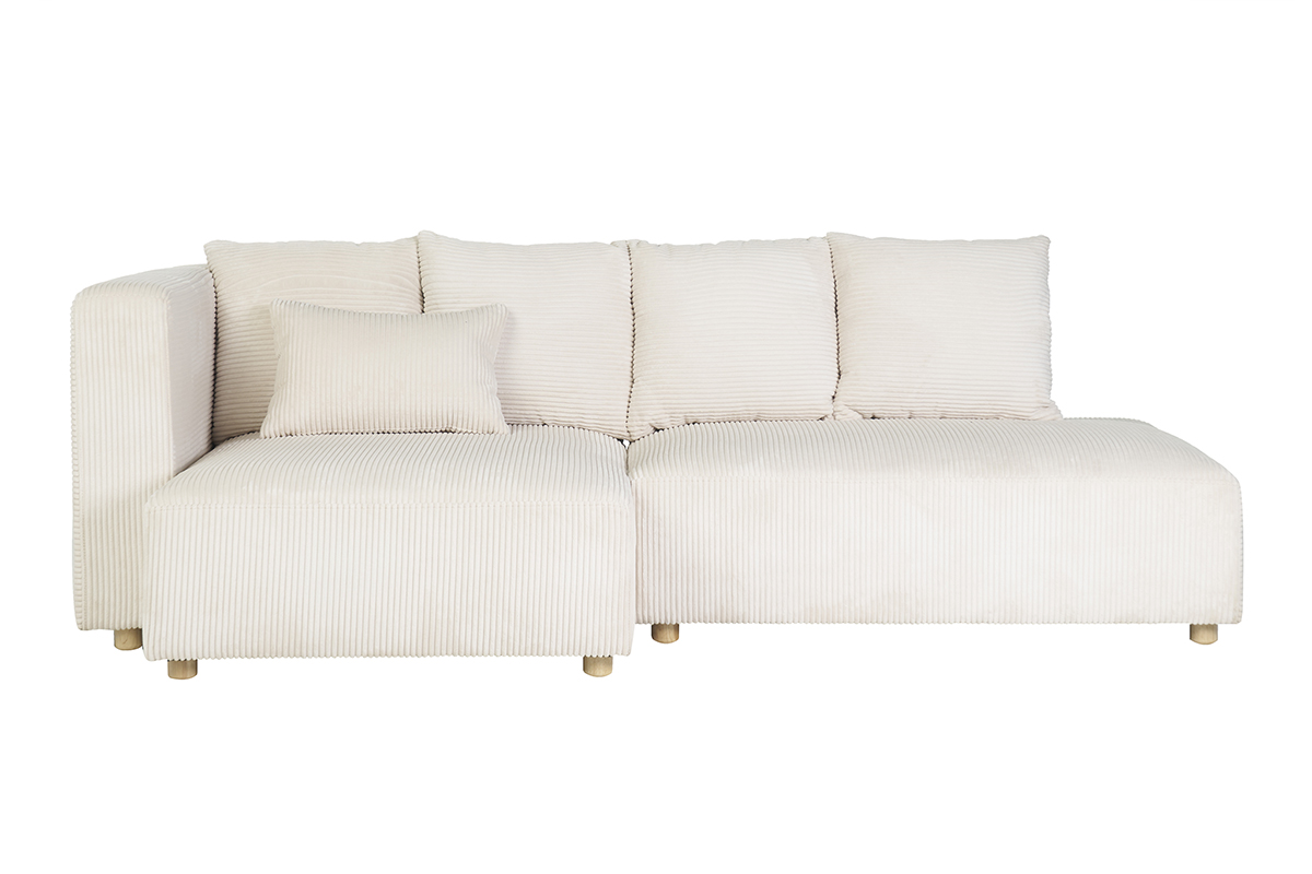 Divano d'angolo sinistro a 3 posti in velluto costato beige e legno chiaro HARLEM