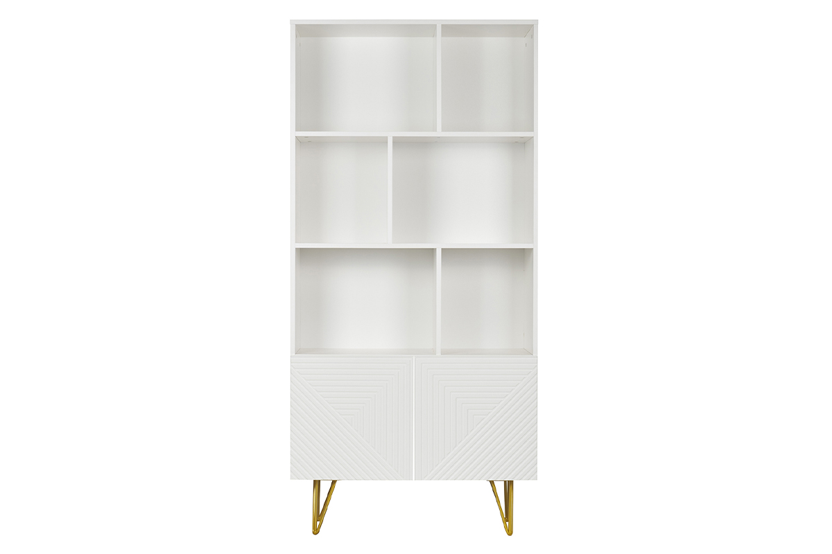 Bibliothèque design gravée blanc mat et métal doré 2 portes L86 cm OZEN