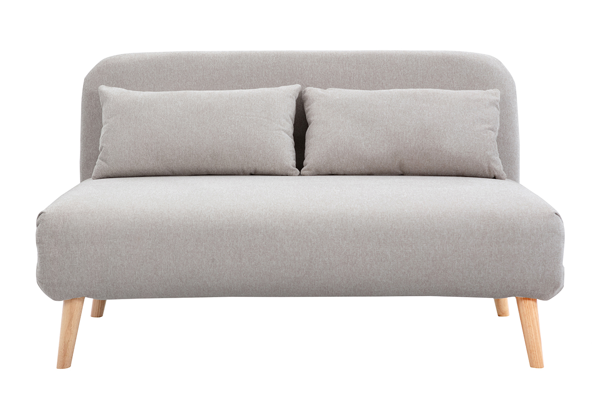 Poltrona letto 2 posti in tessuto effetto velluto beige testurizzato e legno chiaro AMIKO