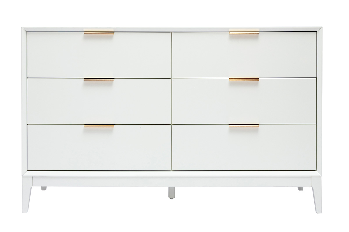 Commode blanche mat et métal doré 6 tiroirs L120 cm GIANA