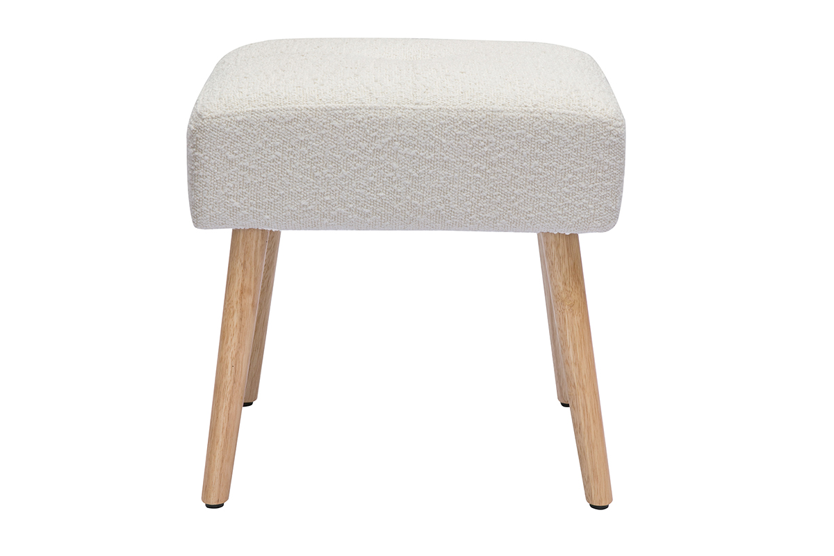 Tabouret bas en tissu effet laine bouclée blanc et bois clair massif H46 cm GUESTA