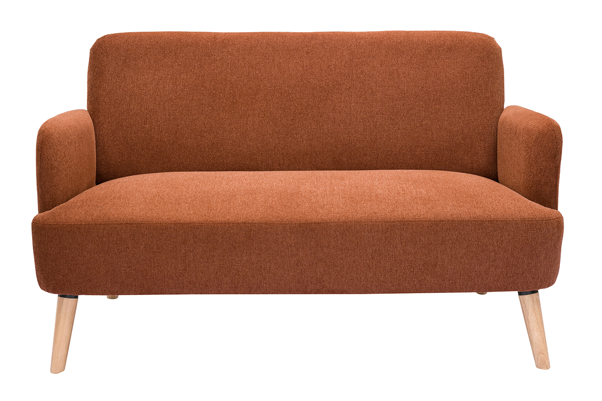 Canapé scandinave 2 places en tissu effet velours texturé terre brûlée et bois clair ISKO