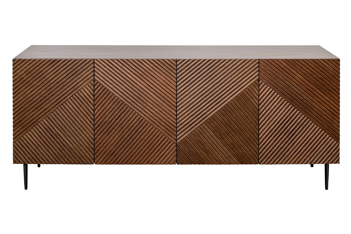 Buffet design en bois foncé chêne massif gravé et métal noir 4 portes L180 cm ARCHIPEL