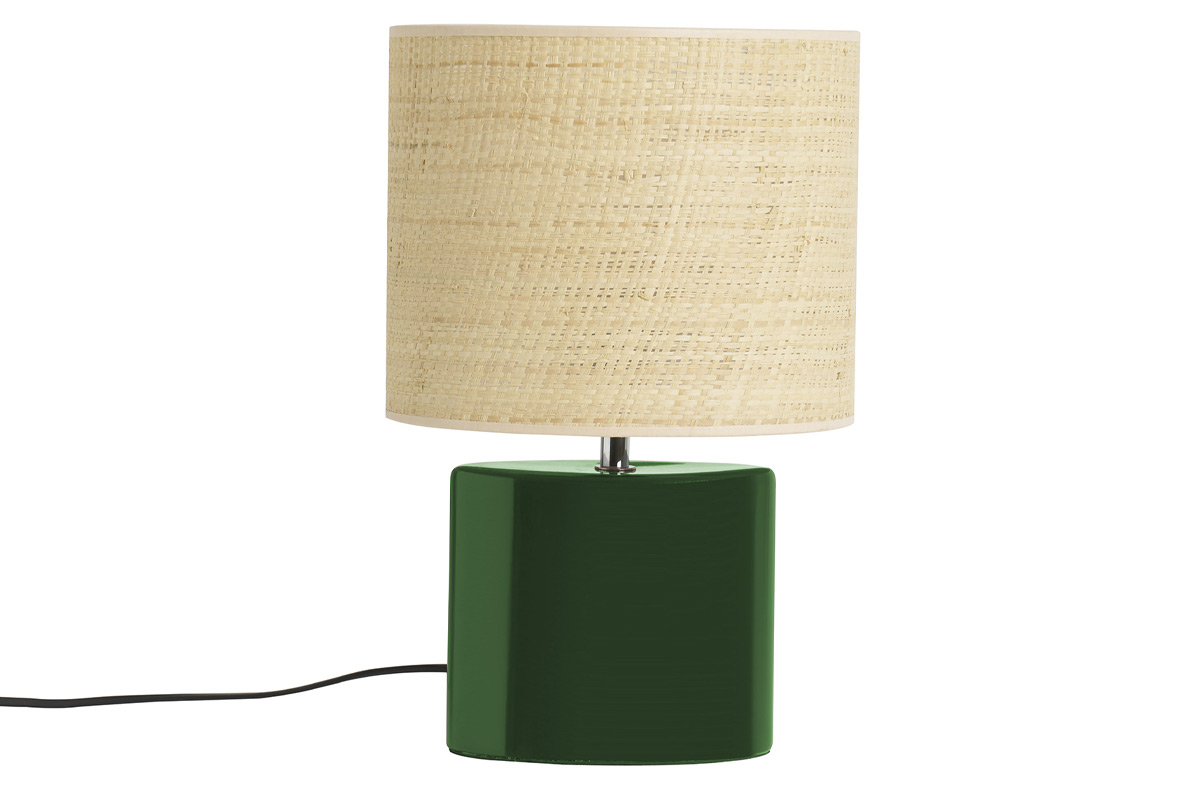 Lampe à poser en céramique vert foncé et abat-jour en raphia naturel H40 cm TIGA