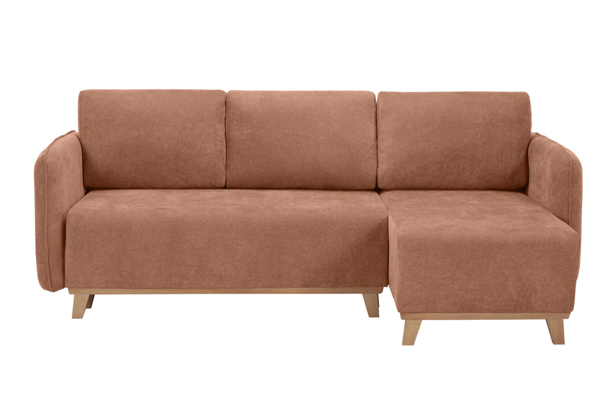 Canapé d'angle convertible et réversible 3-4 places en tissu effet velours terre brûlée et bois clair ROMANE