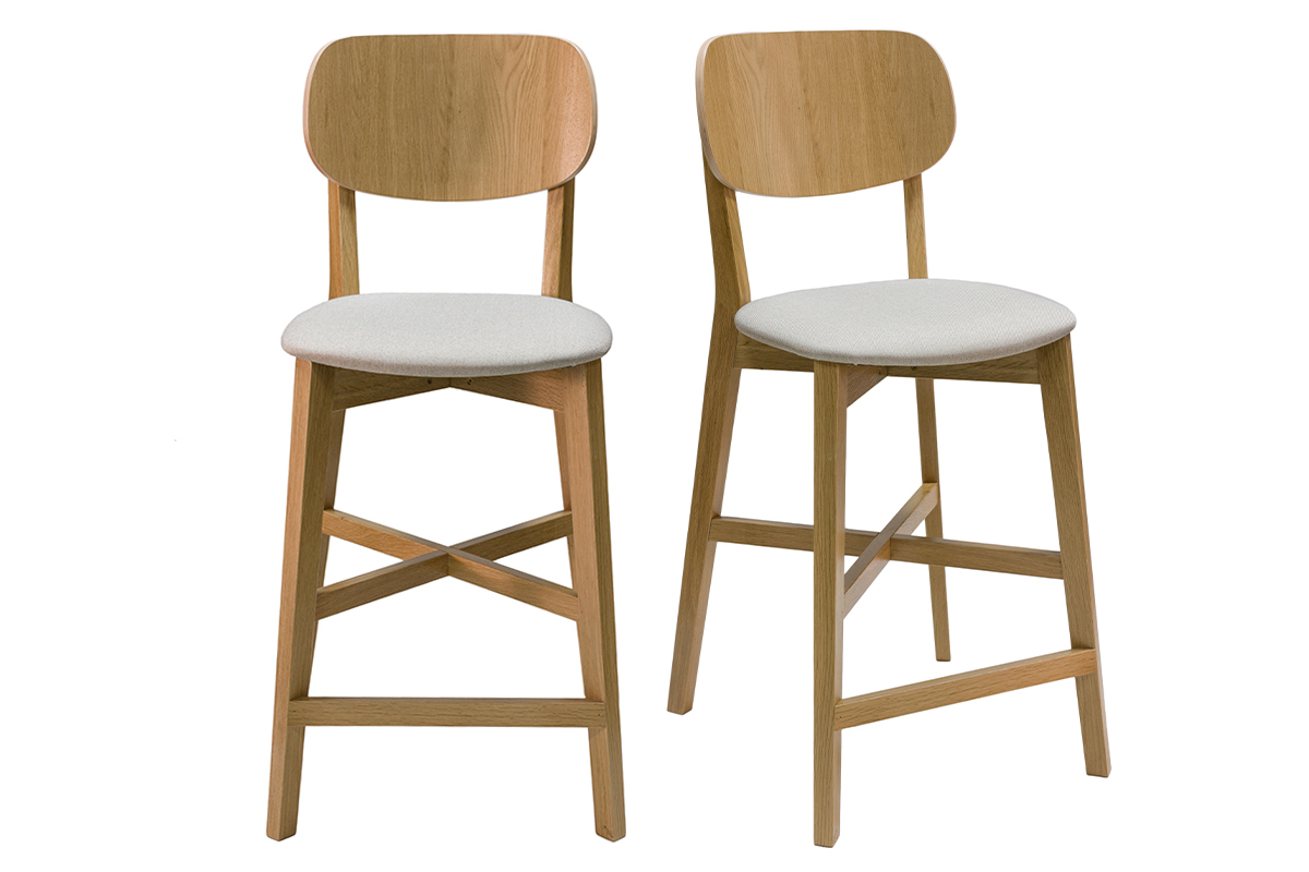 Tabourets de bar en bois clair chêne et tissu beige H65 cm (lot de 2) LUCIA