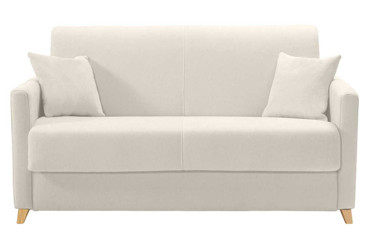 Canapé convertible 2-3 places en tissu beige et bois clair avec matelas 13 cm SKANDY